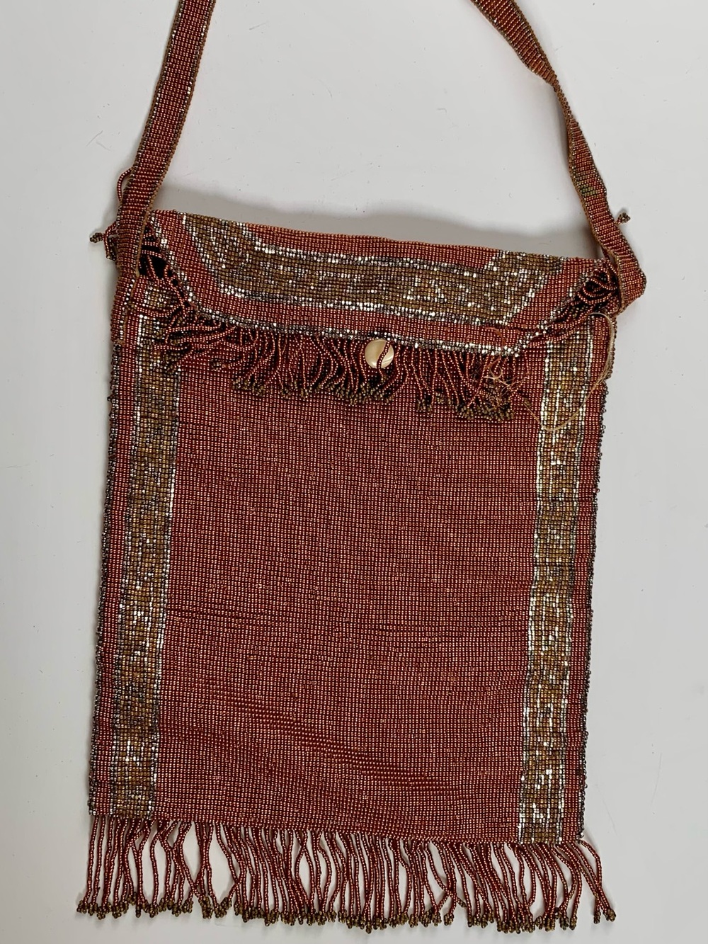 Antique 1920s Art Deco Copper Micro-Beaded Flapper Purse Steel Cut Bead Borders